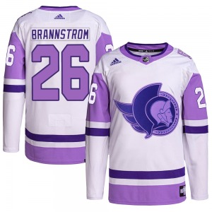 Erik Brannstrom Ottawa Senators Adidas Authentic White/Purple Hockey Fights Cancer Primegreen Jersey