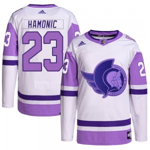 Travis Hamonic Ottawa Senators Adidas Authentic White/Purple Hockey Fights Cancer Primegreen Jersey