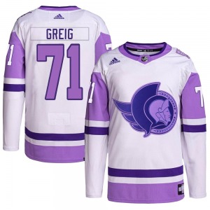 Youth Ridly Greig Ottawa Senators Adidas Authentic White/Purple Hockey Fights Cancer Primegreen Jersey