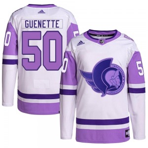Youth Maxence Guenette Ottawa Senators Adidas Authentic White/Purple Hockey Fights Cancer Primegreen Jersey