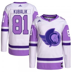 Youth Dominik Kubalik Ottawa Senators Adidas Authentic White/Purple Hockey Fights Cancer Primegreen Jersey