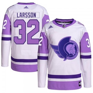 Youth Jacob Larsson Ottawa Senators Adidas Authentic White/Purple Hockey Fights Cancer Primegreen Jersey