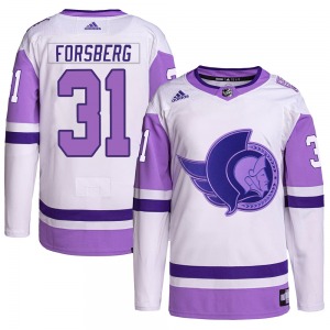 Youth Anton Forsberg Ottawa Senators Adidas Authentic White/Purple Hockey Fights Cancer Primegreen Jersey